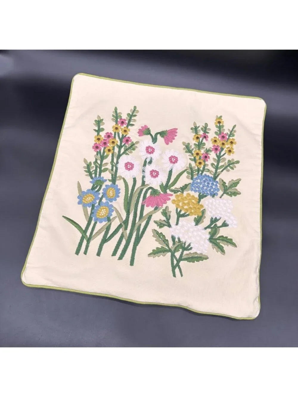 Floral Pillow Cover Embroidered Wildflowers Zipper Cream Green Pink Blue Flowers